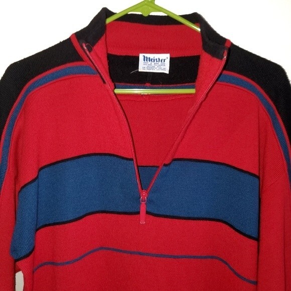 vintage 80s Meister 1/4 Zip Red Blue Black Mock Neck Wool Blend Ski Sweater M. - Picture 4 of 8